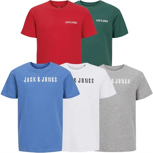 JACK AND JONES Boys Kai Five Pack T-Shirts White/Light Grey Marl/Bright Cobalt/Red/Trekking Green