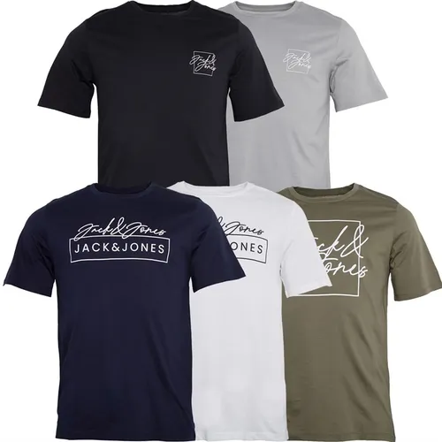 JACK AND JONES Mens Albie Five Pack T-Shirts Navy Blazer/White/Tap Shoe/Alloy/Dusty Olive