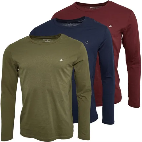 JACK AND JONES Mens Archie Three Pack Long Sleeve Tops Navy Blazer/Dusty Olive/Port Royale