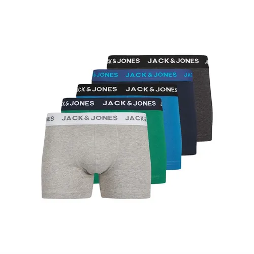 JACK AND JONES Mens Basic Simple Five Pack Trunks Navy Blazer/Evergreen/Light Grey Marl/Classic Blue/Dark Grey Marl