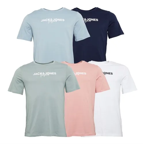 JACK AND JONES Mens Corp Five Pack T-Shirts Navy Blazer/Ashley Blue/White/Rosette/Milieugreen