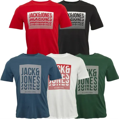 JACK AND JONES Mens Flint Five Pack T-Shirts Red/Olive/White/Blue/Black
