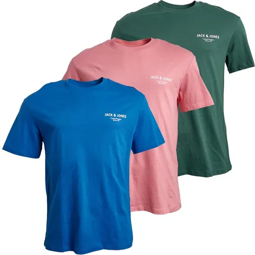 JACK AND JONES Mens Heat Three Pack T-Shirts Cobalt/Bubblegum/Trekking Green