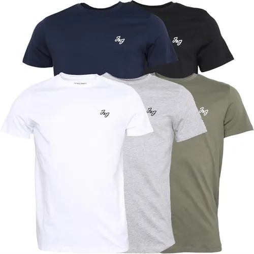 JACK AND JONES Mens Joseph Five Pack T-Shirts Navy/White/Grey/Khaki/Black