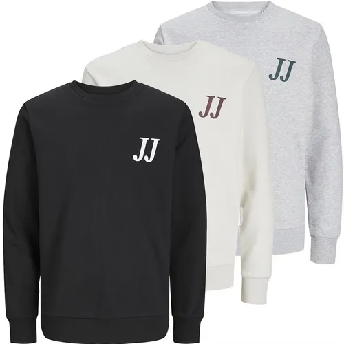 JACK AND JONES Mens Jude Three Pack Sweatshirts Light Grey Melange/Black/Moonbeam