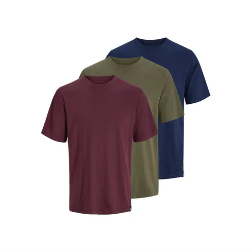 JACK AND JONES Mens Solid Three Pack T-Shirts Port Royale/Navy Blazer/Olive Night