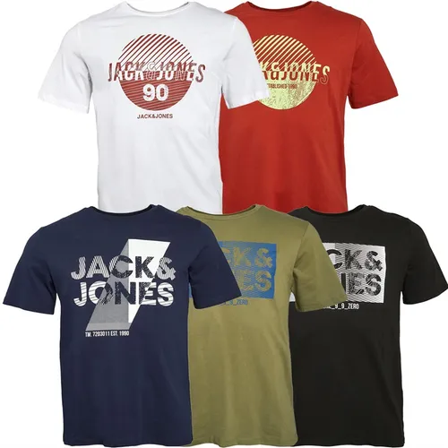 JACK AND JONES Mens Star Five Pack T-Shirts Black/Red/White/Navy/Deep Lichen