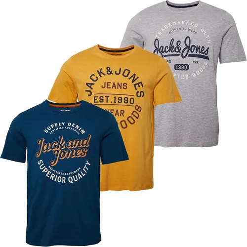 JACK AND JONES Mens Tikk Three Pack T-Shirts Sailor Blue/Honey Gold/Light Grey Melange