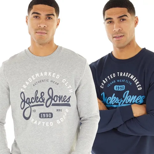 JACK AND JONES Mens Two Pack Crew Neck Sweatshirts Navy Blazer/Light Grey Melange