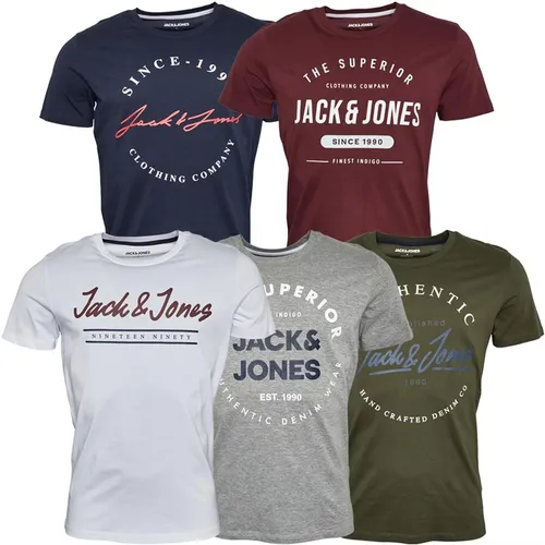 JACK AND JONES Mens Urban Crew Neck Five Pack T-Shirts Olive Night/White/Light Grey Melange/Navy Blazer