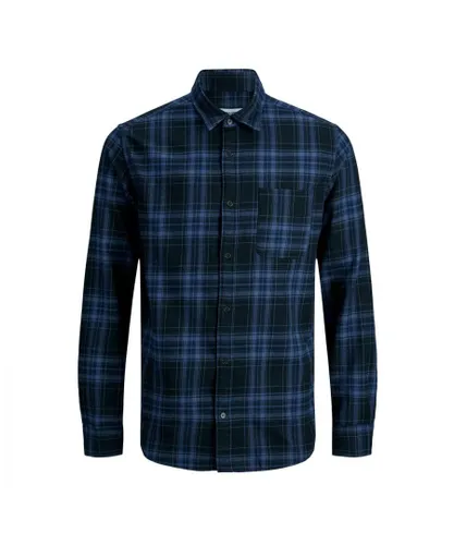 Jack & Jones Mens Casual Checked Shirt, Single Pocket, Button Cuff, Black Cotton