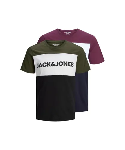 Jack & Jones Mens Logo Short Sleeve T-Shirt Multipack in Port/Olive, 2-Pack - Multicolour Cotton