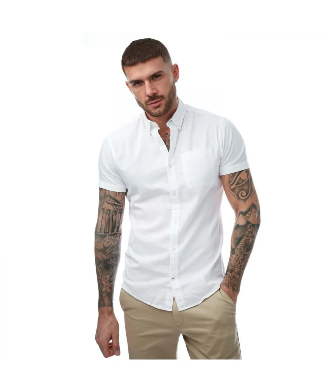 Jack & Jones Mens Oxford Short Sleeve Shirt in White Cotton