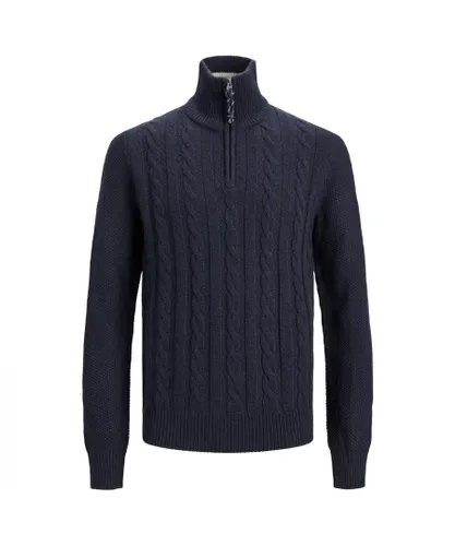 Jack & Jones Mens Sweater Pullover Long Sleeve with Knitted Turtle Zip, Navy Blazer