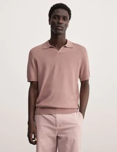 Jaeger Mens Merino Wool Rich Open Neck Knitted Polo Shirt with Silk - SREG - Dusted Pink, Dusted Pink,Navy