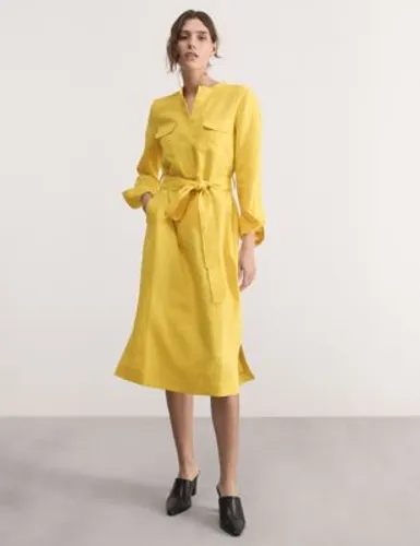 Jaeger Womens Pure Linen Collarless Midi Shirt Dress - 8 - Yellow, Yellow