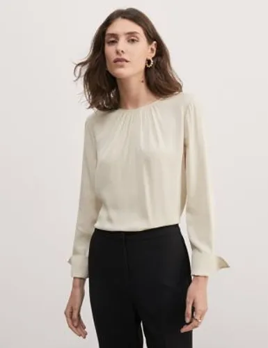 Jaeger Womens Silk Rich Gathered Neck Blouse - 10 - Ivory, Ivory,Navy