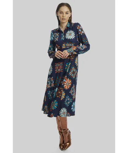 James Lakeland Womens Jewelled Button Print Midi Dress Blue - Navy