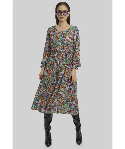 James Lakeland Womens Printed Round Neck Tiered Midi Dress - Multicolour