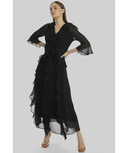 James Lakeland Womens V-neck Chiffon Ruffle Dress Black