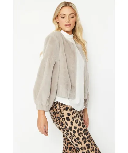Jayley Womens Cashmer Efect Cropped Faux Fur Jacket with Puff Sleeves - Grey - One