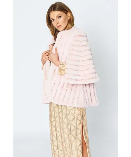 Jayley Womens Faux Fur Suede Striped Cape Coat - Pink - One
