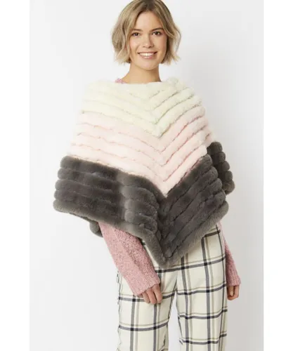 Jayley Womens Faux Fur Suede Striped Poncho - Pink - One