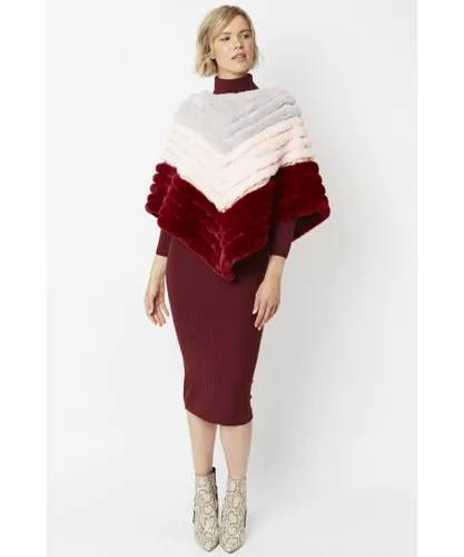 Jayley Womens Faux Fur Suede Striped Poncho - Red - One