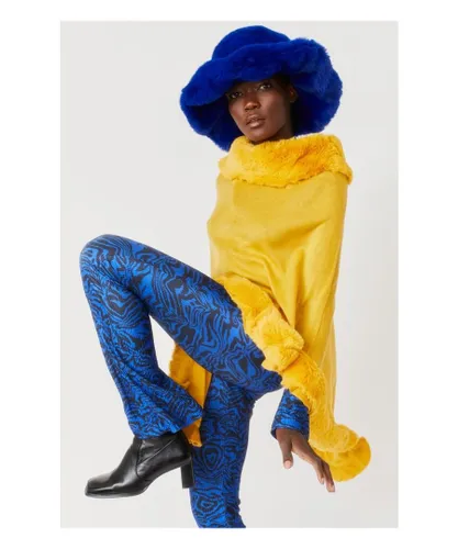 Jayley Womens Faux Fur Trim Poncho - Yellow - One