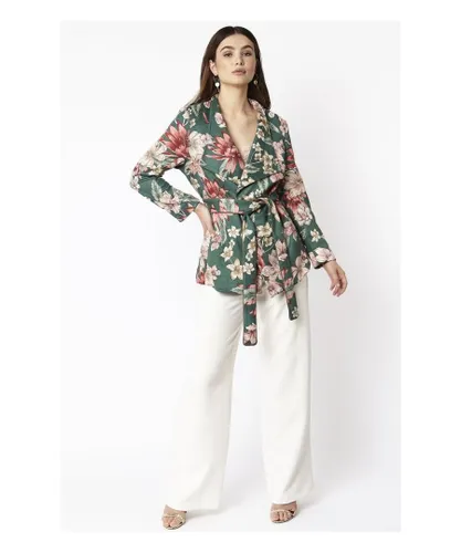 Jayley Womens Faux Suede Floral Digital Print Tie Waist Jacket - Green - One