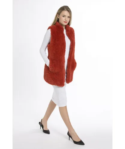 Jayley Womens Hand Knitted Faux Fur Long Gilet - Orange - One
