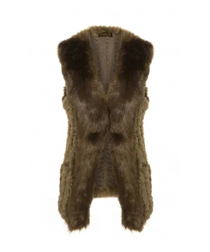 Jayley Womens Hand Knitted Luxury Faux Fur Gilet with Suede Base - Green Silk - One