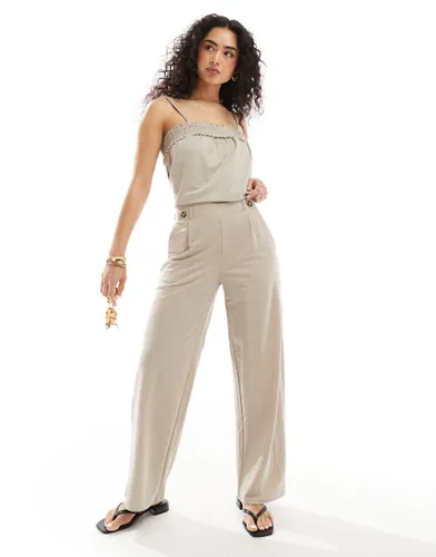 JDY high waisted crop wide fit trousers co-ord in beige-Neutral