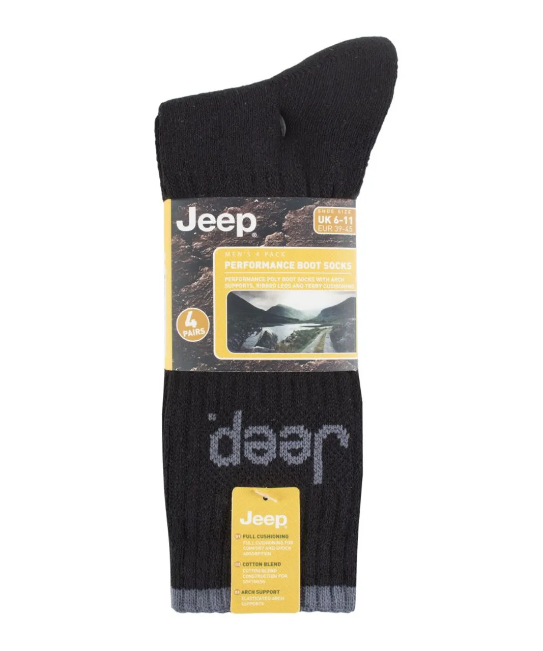 Jeep - 4 Pairs Mens Anti Blister Thick Cushioned Luxury Boot Socks - Black Cotton