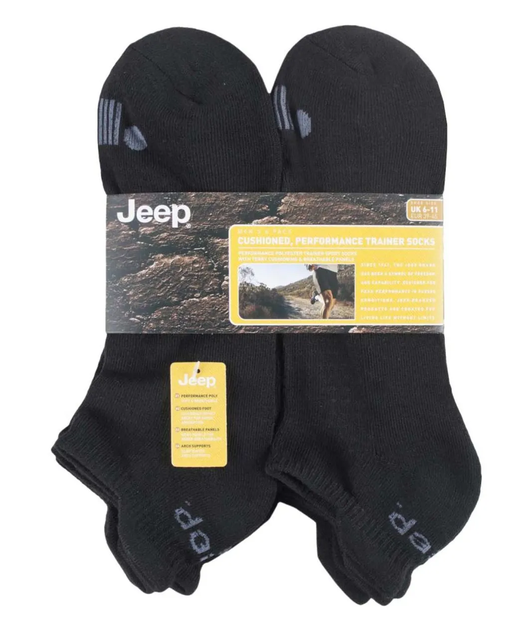 Jeep - 6 Pairs Mens Cotton Cushioned Sport Ankle Outdoor Socks - Black