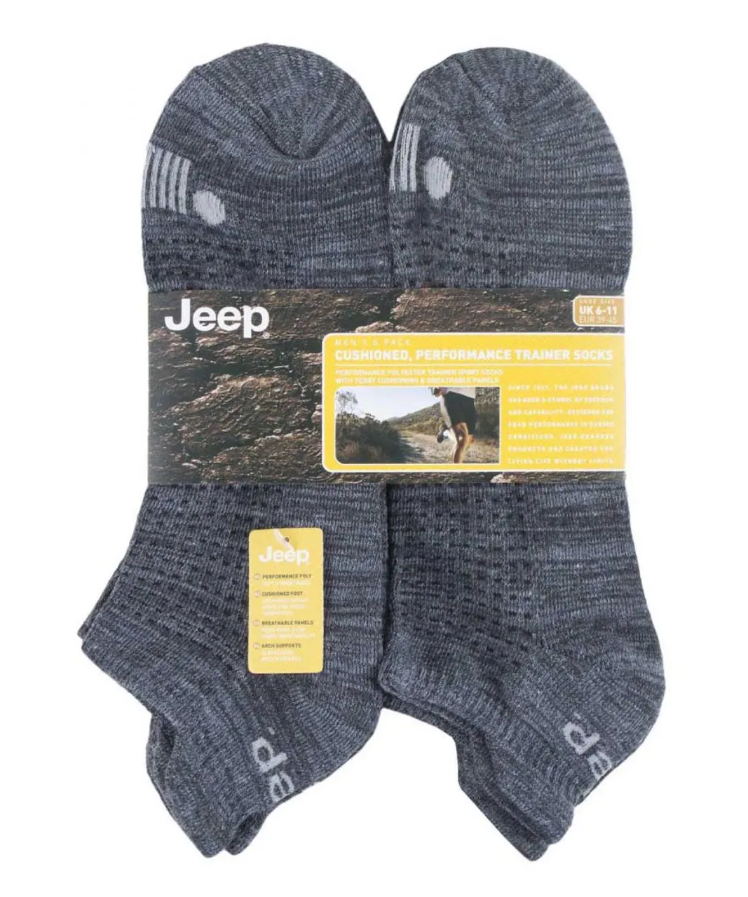 Jeep - 6 Pairs Mens Cotton Cushioned Sport Ankle Outdoor Socks - Charcoal