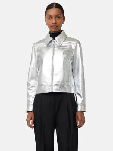 Jigsaw Metallic Leather Biker Jacket, Silver - Silver - Female