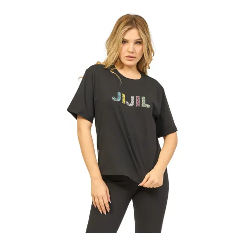 Jijil , Black Cotton Crew Neck T-shirt with Colored Rhinestone Logo ,Black female, Sizes: