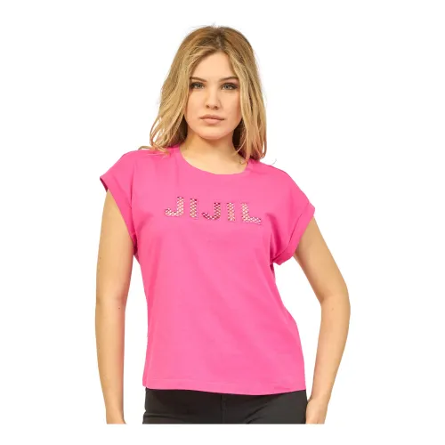 Jijil , Fuchsia Cotton T-shirt with Rhinestone Logo ,Pink female, Sizes: