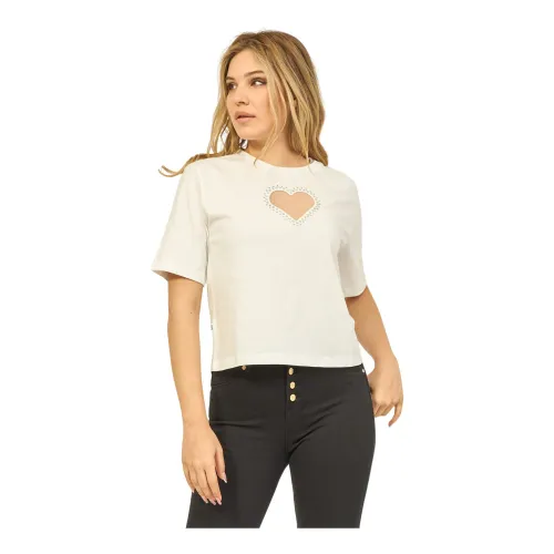 Jijil , Heart Opening Cotton T-shirt with Appliques ,Beige female, Sizes: