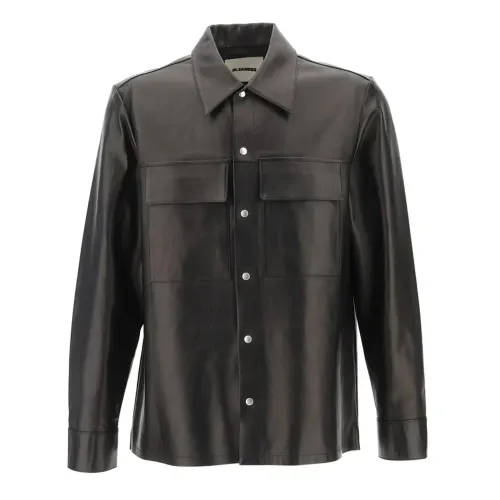 Jil Sander , Black Leather Button-Up Jacket ,Black male, Sizes: