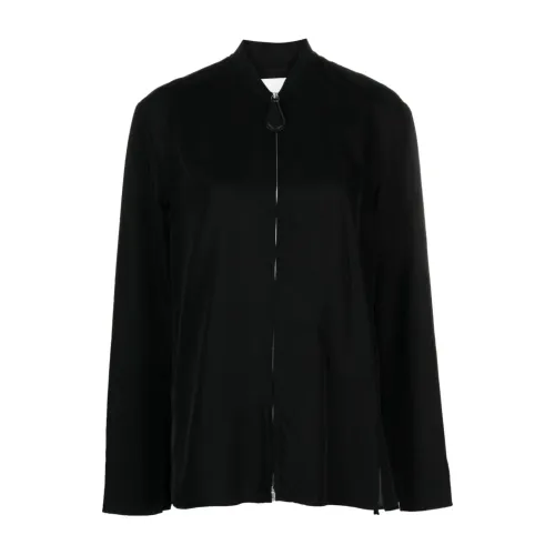 Jil Sander , Black Ribbed Band Collar Zip Shirt ,Black female, Sizes:
