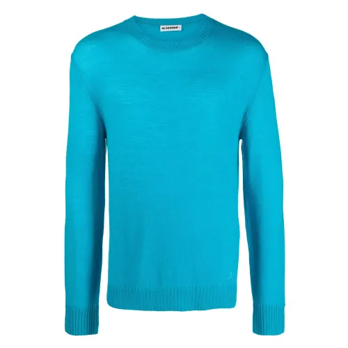 Jil Sander , Cyan Blue Wool Jumper with Embroidered Logo ,Blue male, Sizes: