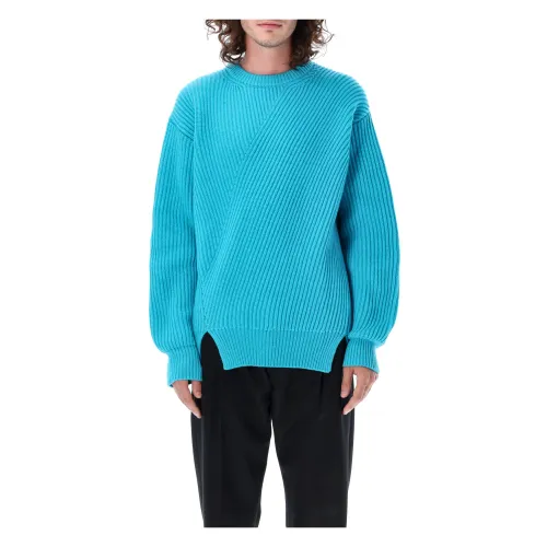 Jil Sander , Turquoise Ribbed Wool Sweater - Men`s Knitwear Aw23 ,Blue male, Sizes: