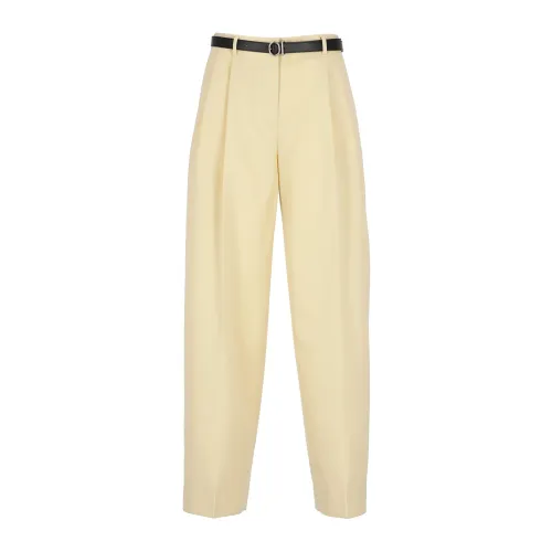 Jil Sander , Yellow Wool Palazzo Trousers with Leather Belt ,Yellow female, Sizes: