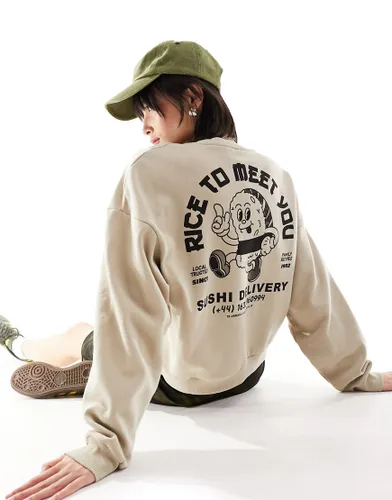 JJXX crew neck sweatshirt with sushi back print in beige-Neutral
