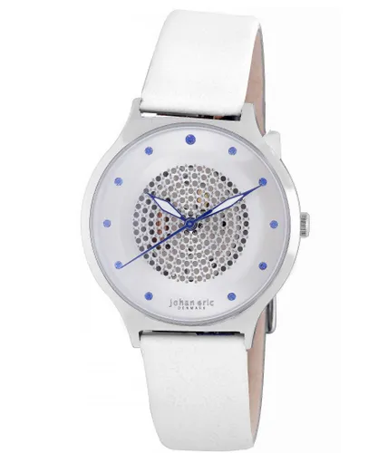 Johan Eric WoMens JE1600-04-001 Orstead Round Stainless Steel Silver Sunray Dial Swarovski Crystal Watch - White Leather - One Size