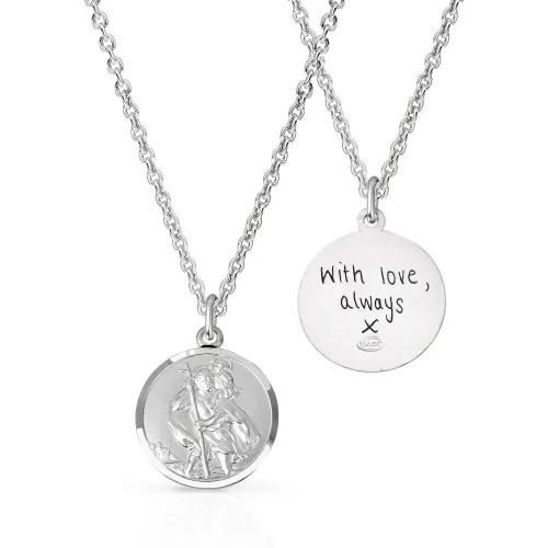 John Greed Signature Silver Round St Christopher Handwriting Necklace