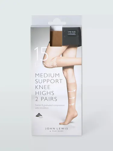 John Lewis 15 Denier Medium Support Knee High Tights, Pack of 2 - Caramel - Female