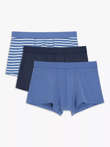 John Lewis ANYDAY Stretch Cotton Stripe Plain Trunks, Pack of 3, Blue/White - Blue/White - Male